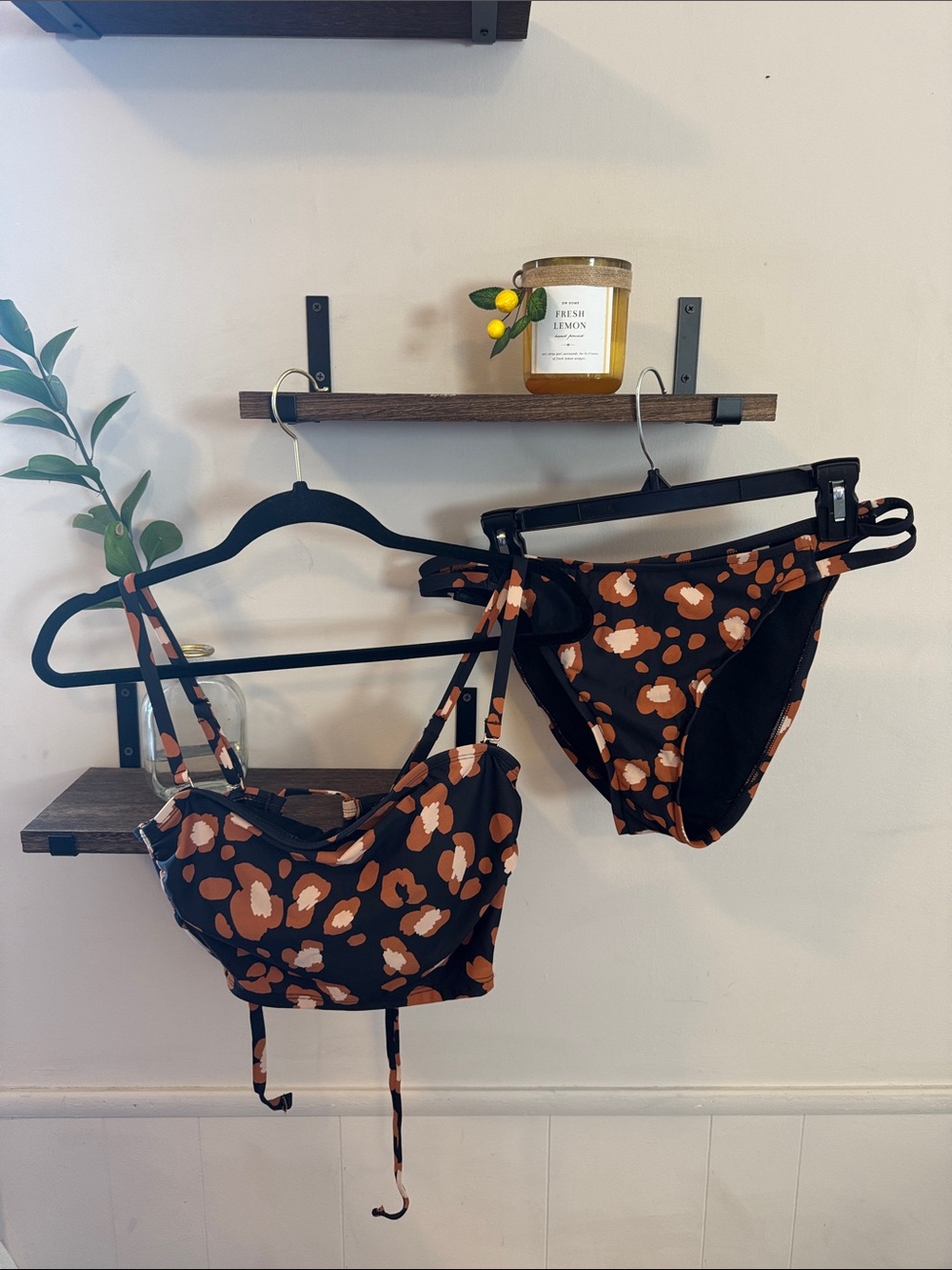 Shade & Shore Two-Piece Bikini Set — Black with Rust & Cream Floral
